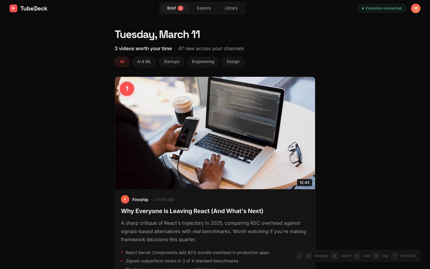 TubeDeck daily brief view